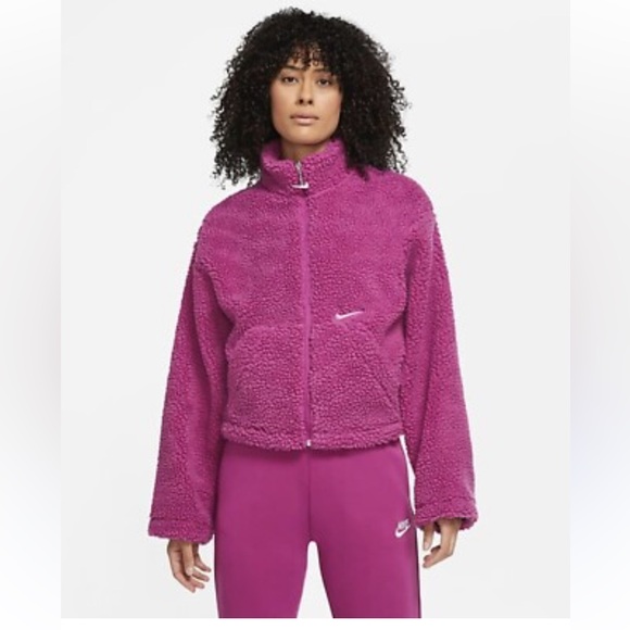 New Nike Sportswear Swoosh Sherpa Jacket Cactus Flower Fuchsia Teddy Jacket  XS - Picture 14 of 14